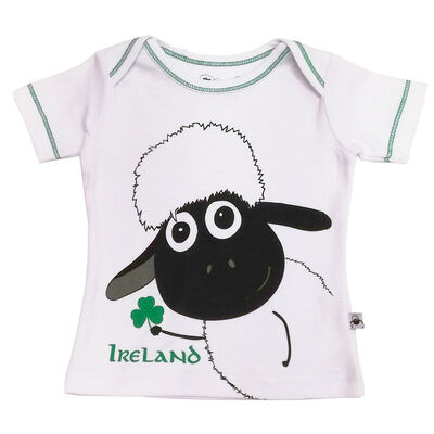 White Baby T-Shirt With Sheep Holding A Shamrock Design and Ireland Text