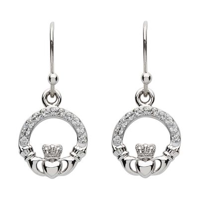 Platinum Plated Claddagh Drop Earrings With Clear Crystals