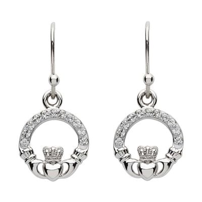 Platinum Plated Claddagh Drop Earrings With Clear Swarovski Crystals