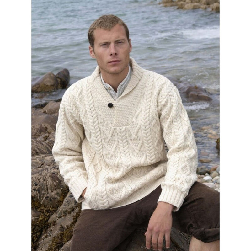 100% Merino Wool Aran Shawl Collar Aran Natural Sweater
