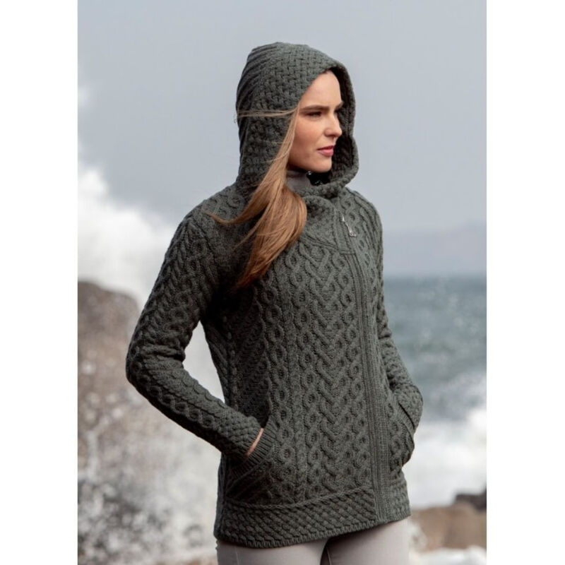 100% Merino Wool Side Zip Hood Cardigan With Heart Design  Thundra Green Colour