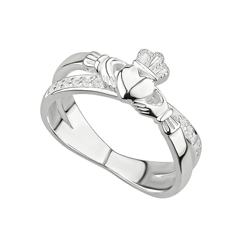 Ladies Hallmarked Sterling Silver Claddagh Cross Ring With Clear Crystals