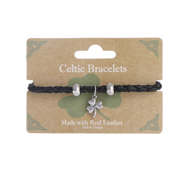 Celtic Leather Weave Bracelet With Shamrock Charm, Black Colour
