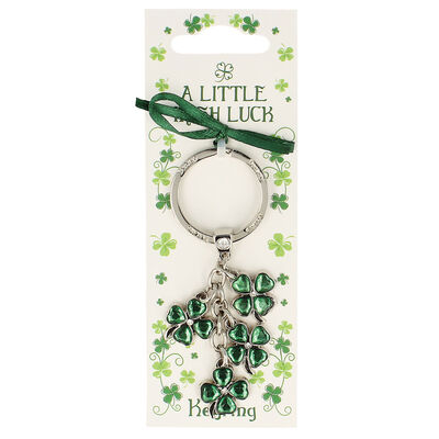 Silver Metal Keychain With 4 Leaf Clover Charms With Green Cubic Zironcia Stone
