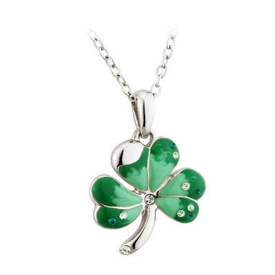 Rhodium Plated Shamrock Pendant With Green Enamel And Crystals