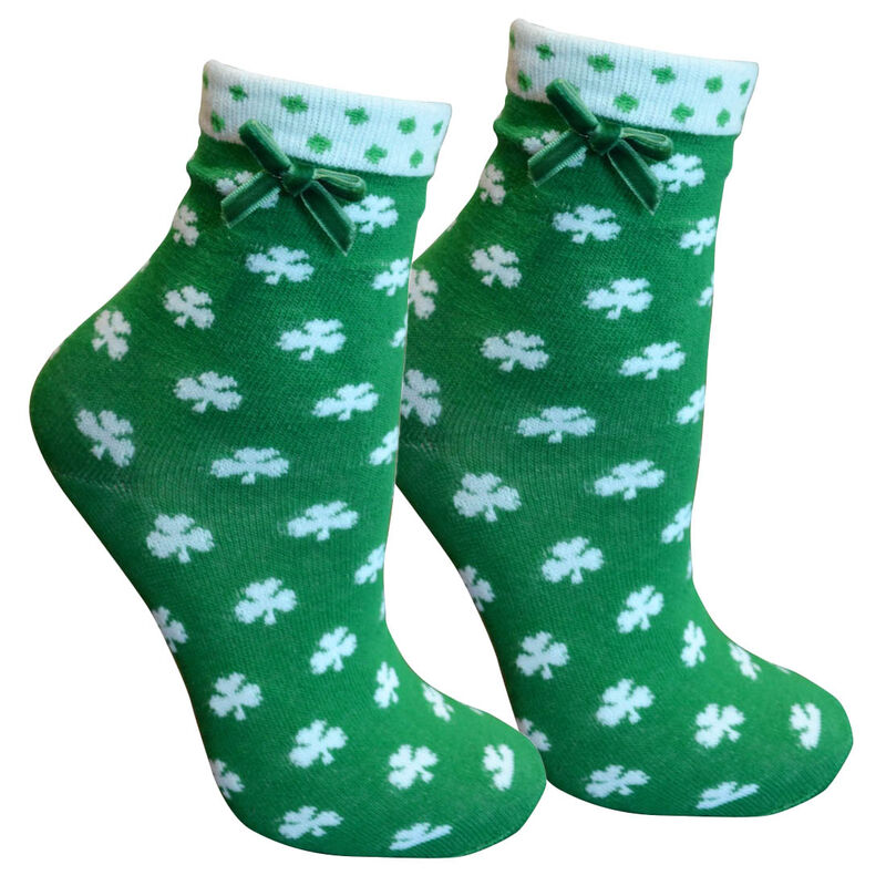 Ladies Green Socks With White Shamrock Print  White Trim and Green Ribbon