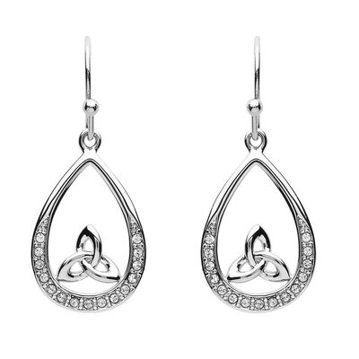 Platinum Plated Pear Drop Trinity Earrings With Clear Crystals