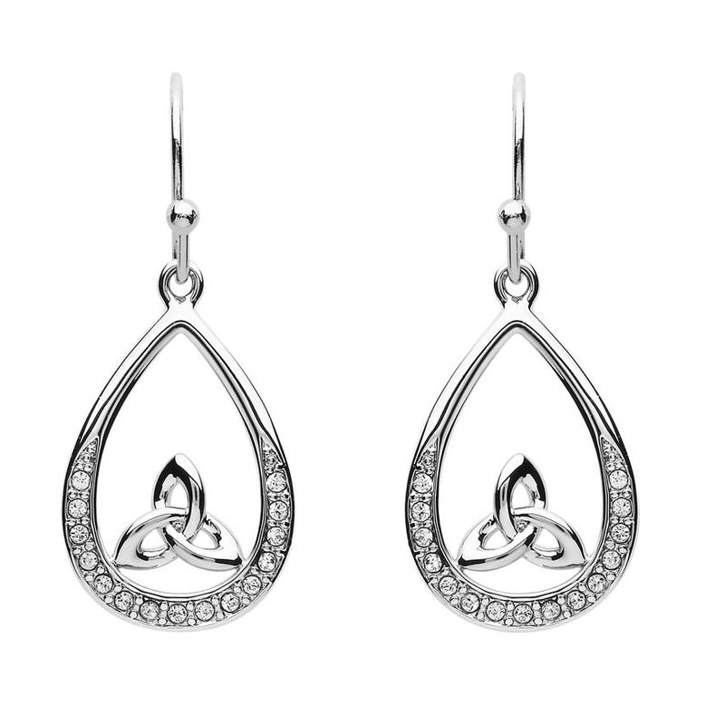 Platinum Plated Pear Drop Trinity Earrings With Clear Swarovski Crystals
