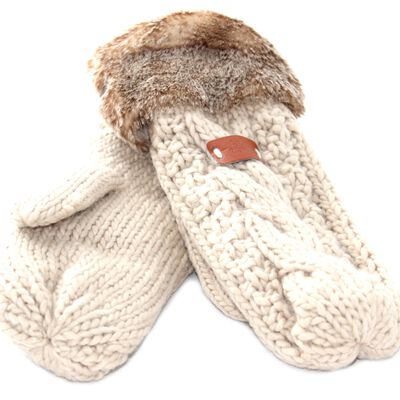 Knit Style Beige Mitten Gloves With Faux Fur Detail