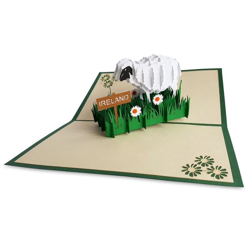 Pop-Up Card Green Colour With Sheep & Ireland Text Design And Envelope