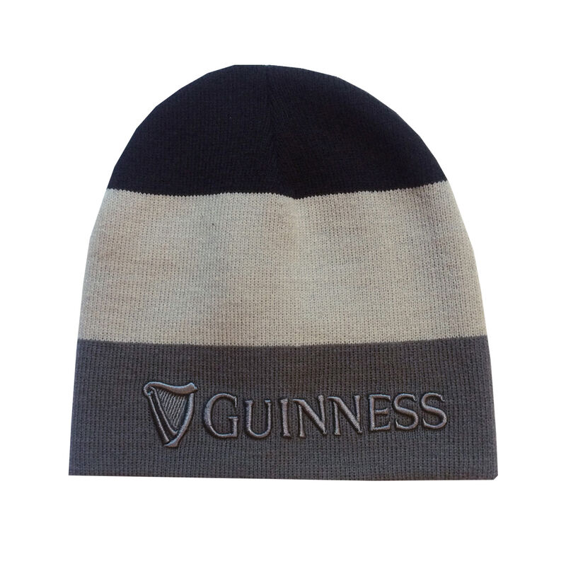 Striped Guinness 3D Embossed Knitted Beanie Hat, Black, Grey & White Colour