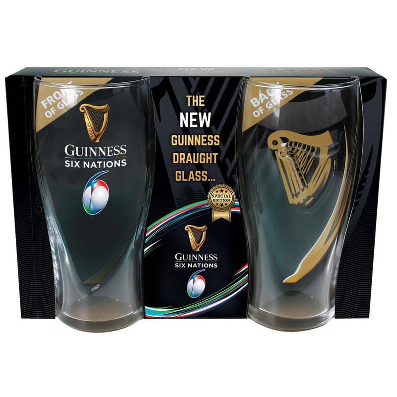 Guinness Official Merchandise Six Nations Logo Two-Pack Pint Glass Set With Embossed Gold Harp