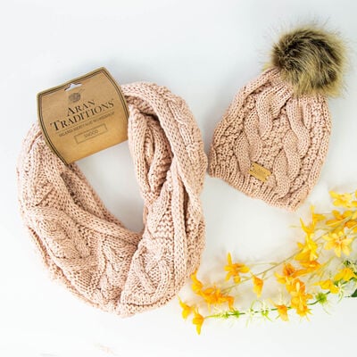 Aran Traditions Knitted Snood & Tammy Hat Set, Blush Colour
