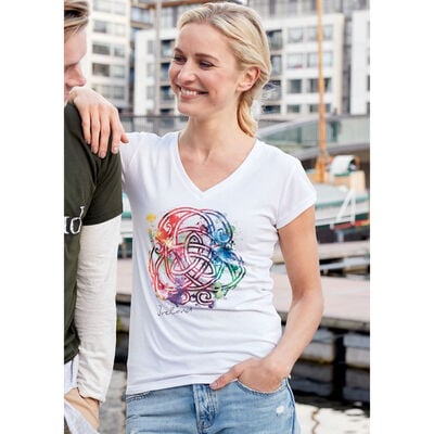 White Round Neck Ladies T-Shirt With A Coloured Celtic Knot Design