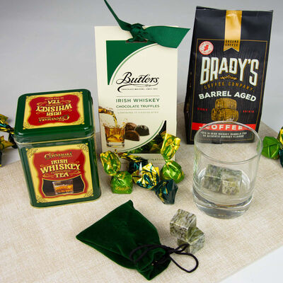Irish Whiskey Gift Basket With Chocolate, Tea, Coffee & Glass