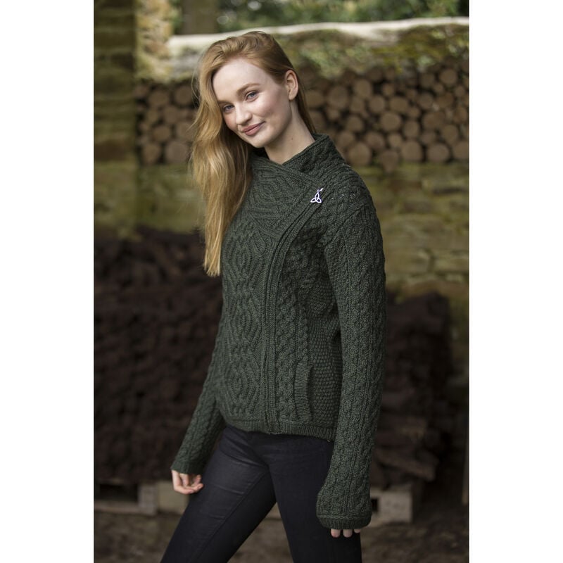 Cable Knit Cardigan With Side Zip Green