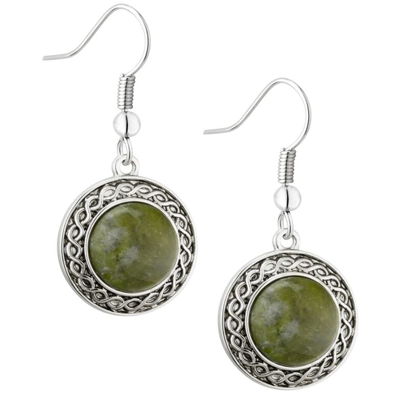 Rhodium Plated Connemara Marble Drop Earrings With Celtic Design