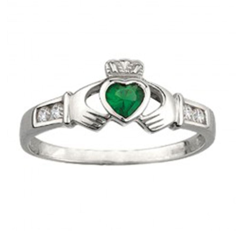 Claddagh Ring w/ Synthetic Emerald and Cubic Zirconium  Hallmarked Sterling Silver
