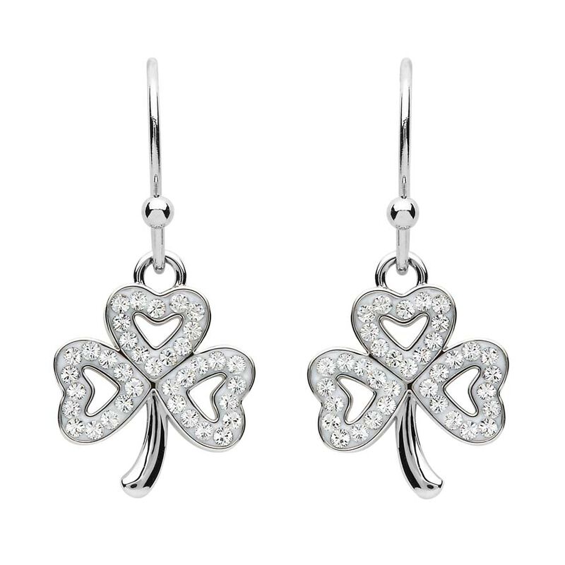 Platinum Plated Shamrock Drop Earrings With Clear Swarovski Crystals