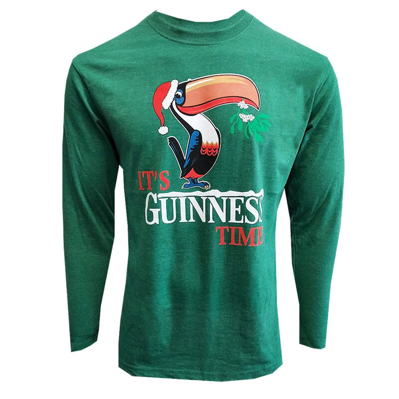 Guinness Christmas long Sleeve T-Shirt with 'It's Guinness Time' & Toucan Design, Marl Green Colour