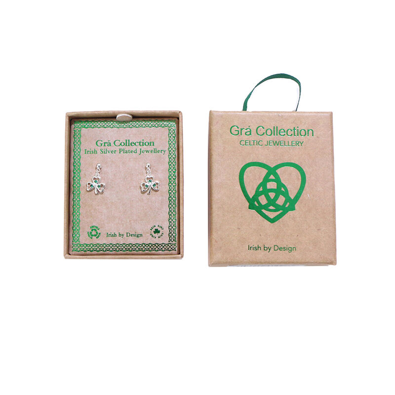 Grá Collection Silver Plated Shamrock With 3 Mini Green Cubic Zirconia Stones Earrings