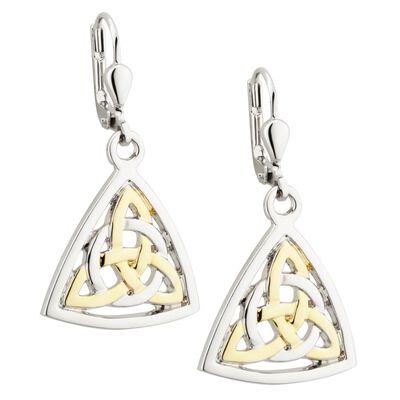 Two Tone Gold And Silver Celtic Trinity Knot Triangular Drop Earrings