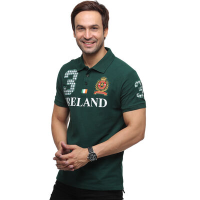 Polo Shirt With 3 Ireland Print And Ornate Crest  Forest Green Colour