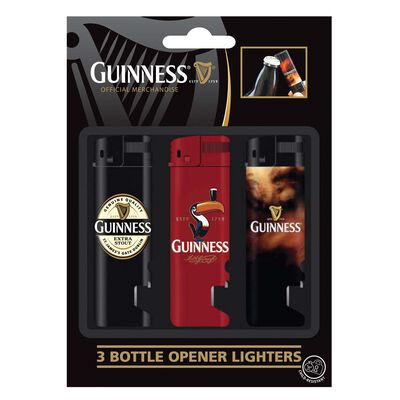 3 Pack Guinness Electronic Lighter And Bot. Opener; Lapel  Red Toucan And Smoke