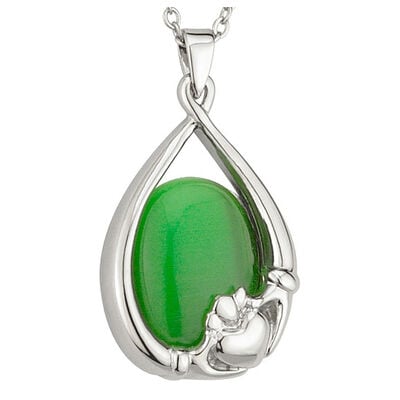 Elegant Green Cat Eye Oval Pendant With Irish Claddagh Design