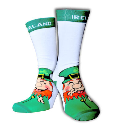 White Lucky Irish Laughing Leprechaun socks With Ireland Text