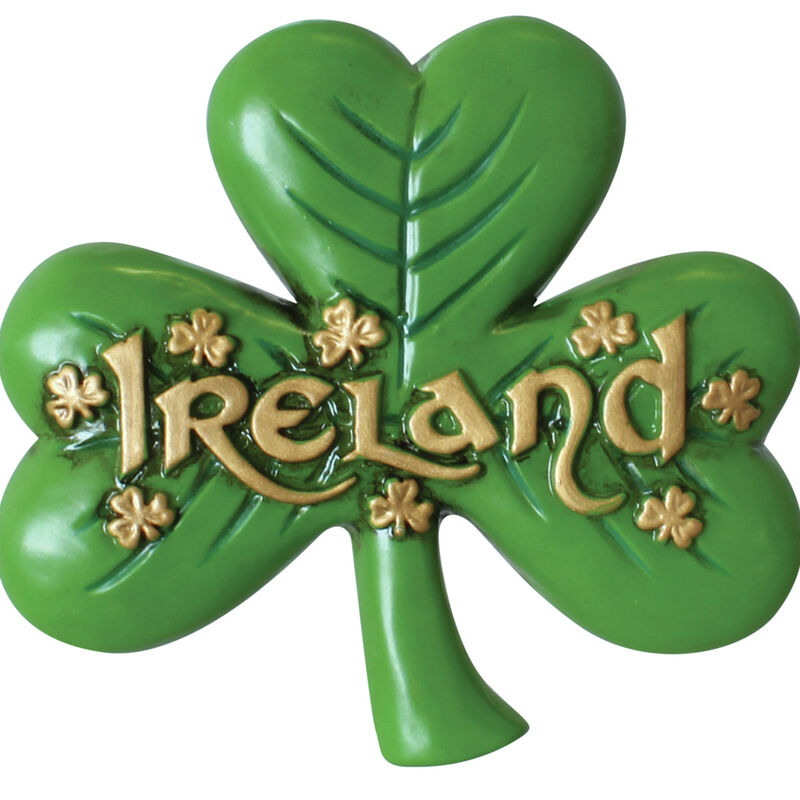 Antique Magnet Of Large Shamrock And Gold Ireland Text And Small Shamrock Design