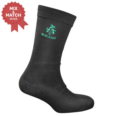 Black Socks With Green Embroidered Shamrock Sprig and Ireland Text