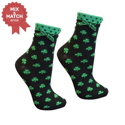 Ladies Black Socks With Green Shamrock Print  White Trim and Green Ribbon