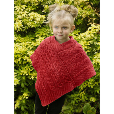 100% Merino Wool Kids Poncho With Aran Knitted Design, Cherry Colour