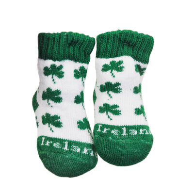 White Newborn Bootie Socks With Green Shamrock Print