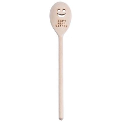 Unique Oak Mum'S Best Weapon Wooden Spoon With Smile-Shaped Hole Design
