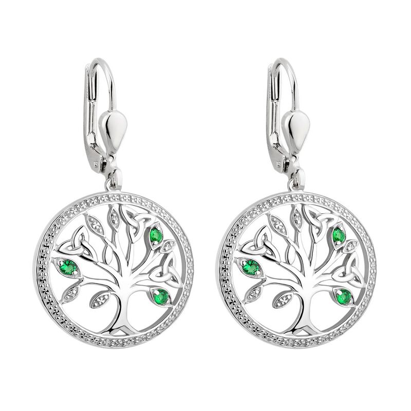 Sterling Silver Tree Of Life Earrings With Trinity Knot And Green Gem Detailing