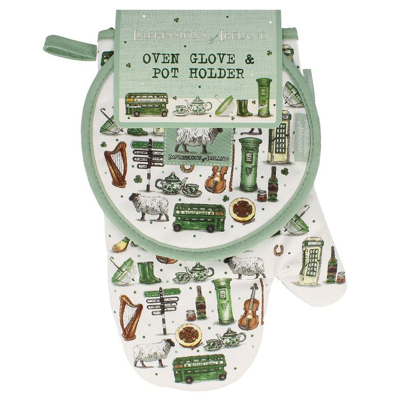 Impressions Of Ireland Oven Glove And Pot Holder With Irish Icons Design