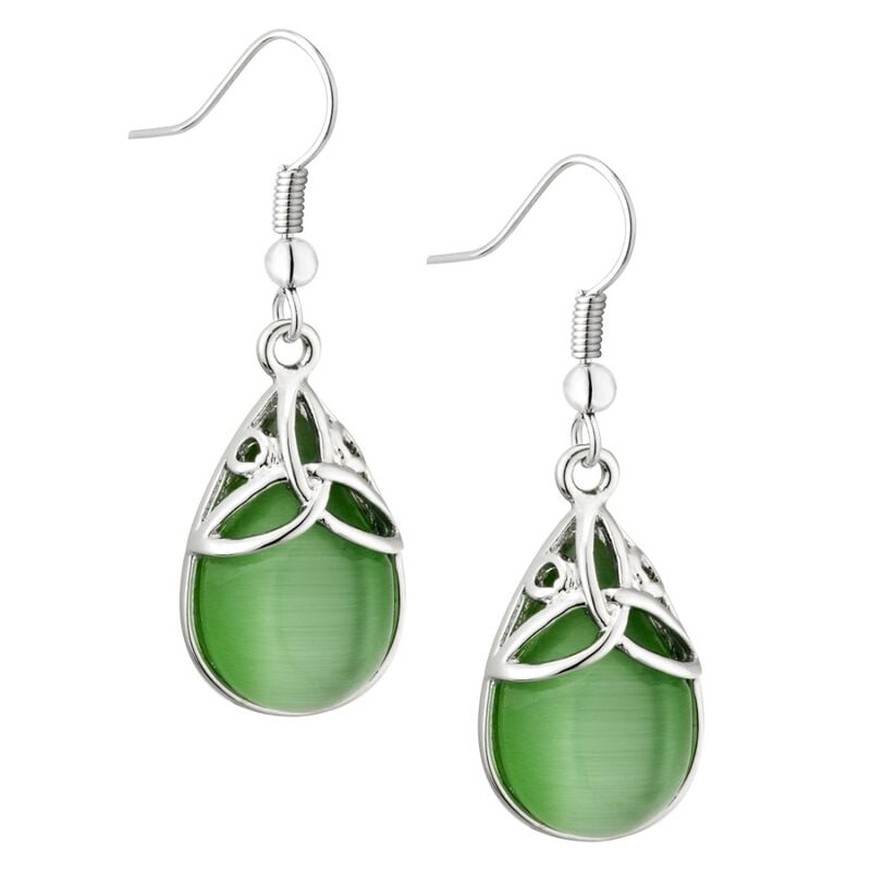 Rhodium Plated Green Oval Cat Eye Trinity Knot Designed Earrings