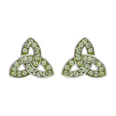 Platinum Plated Trinity Knot Stud Earrings With Peridot Crystals