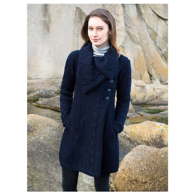 100% Merino Wool Ladies Aran Coat With 3 Buttons, Navy Colour