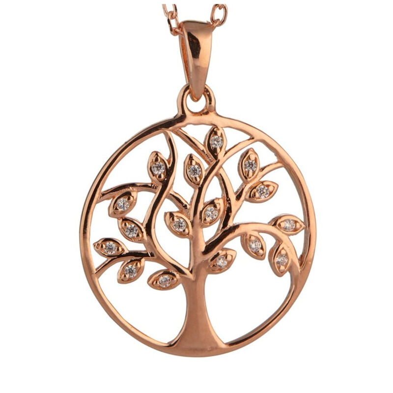 Sterling Silver Rose Gold Plated Tree Of Life Pendant With Cubic Zirconia Stones