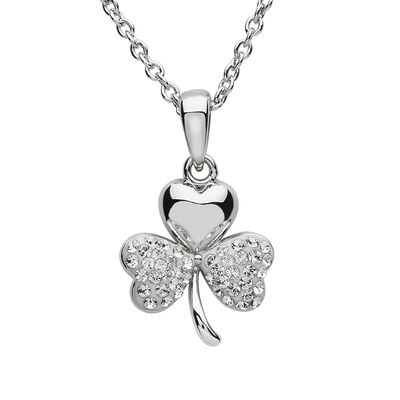 Platinum Plated Shamrock Pendant With Clear Crystals On Two Leafs