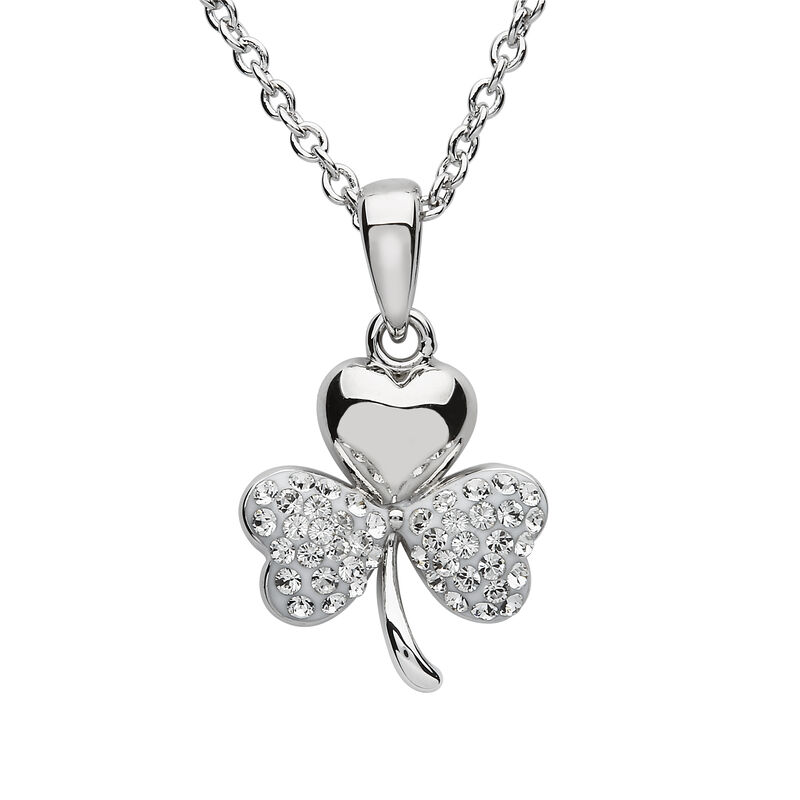 Platinum Plated Shamrock Pendant With Clear Swarovski Crystals On Two Leafs  Small
