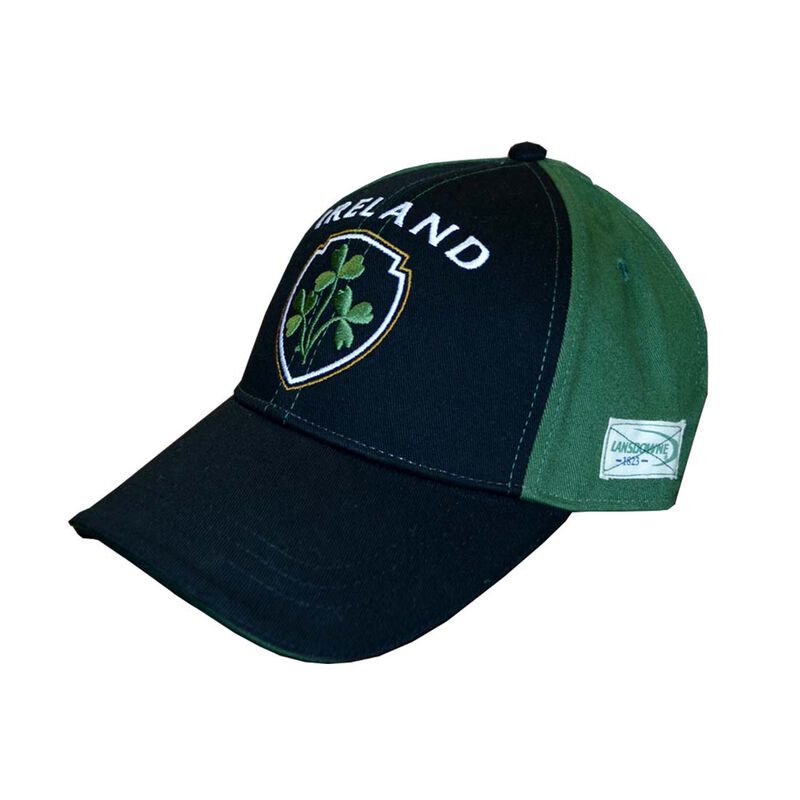 Baseball Cap With Half Green  Half Black With Embossed Ireland And Shamrock Crest