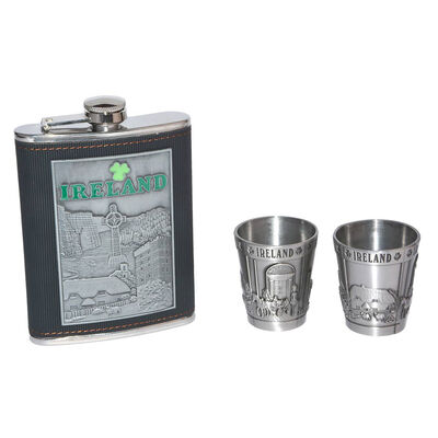 Ireland Collage Stainless Steel Hip Flask Gift Set