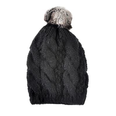 Knit Style Black Tammy Hat With Faux Fur Bobble