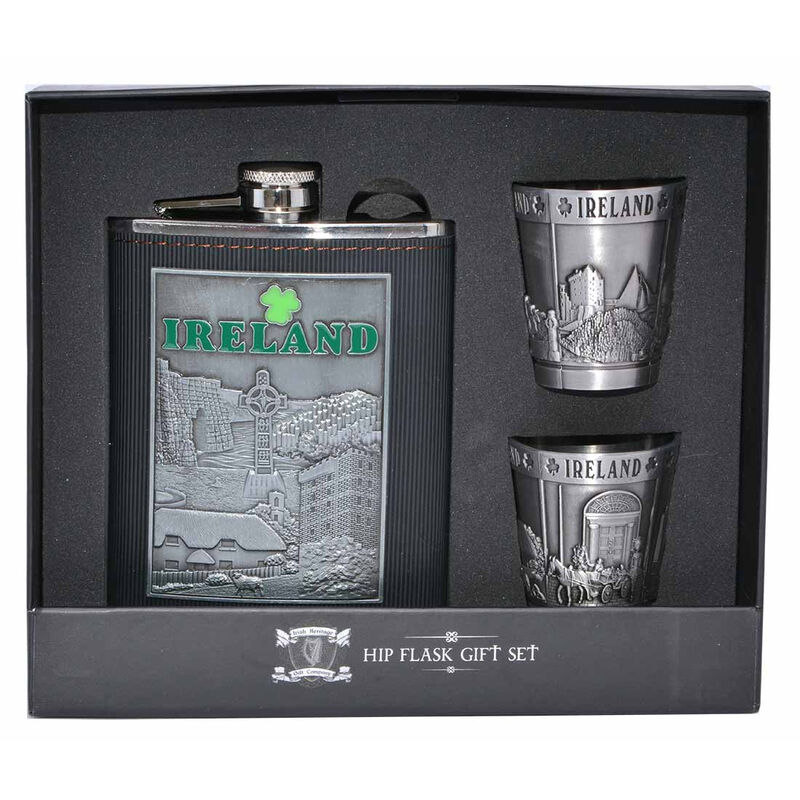 Ireland Collage Stainless Steel Hip Flask Gift Set With Two Shot Glasses