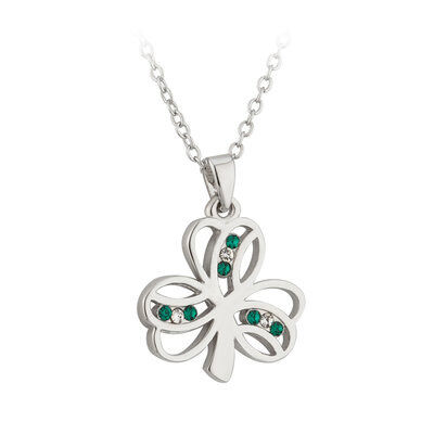 Rhodium Plated Shamrock Pendant With Green And White Crystals