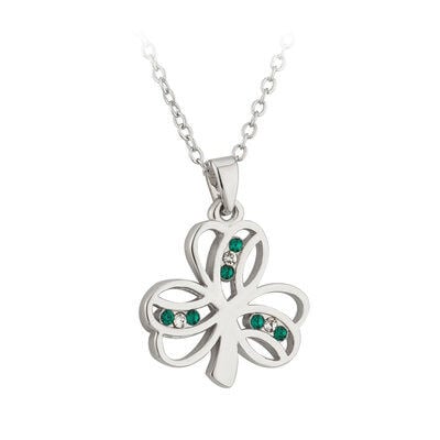 Rhodium Plated Shamrock Pendant With Green And White Crystals